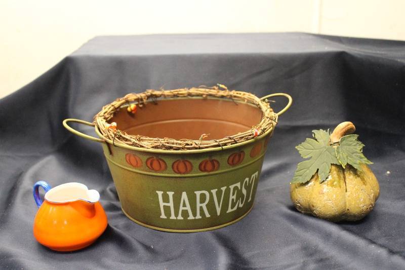 lot Y-134 image: Harvest Themed Decorative Set - Pumpkin Decor, Serving Pitcher, and Metal Bucket