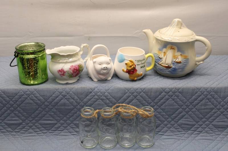 lot Y-240 image: Collection of Vintage Teapot, Pig Mug, Creamer, and Green Candle Holder