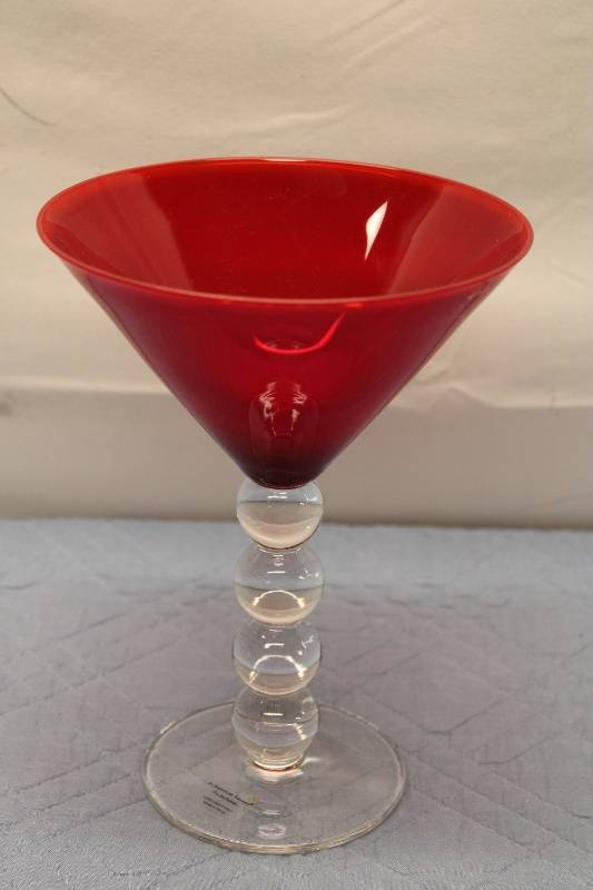 lot Y-287 image: Vintage Red Glass Martini Glass with Clear Beaded Stem