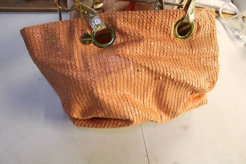 lot N-145 image: Designer Orange Textured Handbag with Gold Accents