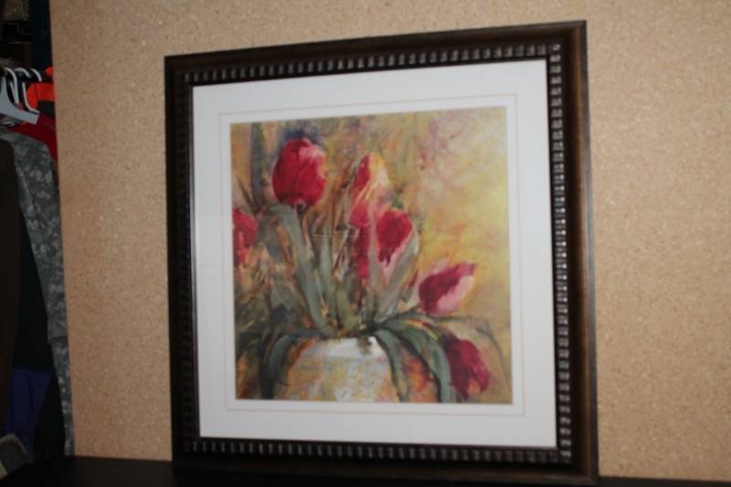 lot N-160 image: Framed Artwork of Red Tulips in a Vase