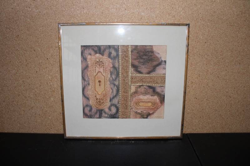 lot N-163 image: Framed Artwork Featuring Mixed Media Design with Lace and Keyhole Motif