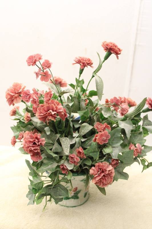 lot 361 image: Artificial Floral Arrangement with Hand-Painted Ceramic Vase and Basket Set