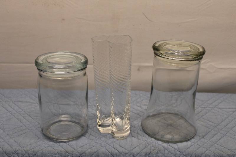 lot 37 image: Lot of 3 Vintage Glass Containers - 2 Jars and 1 Decorative Vase