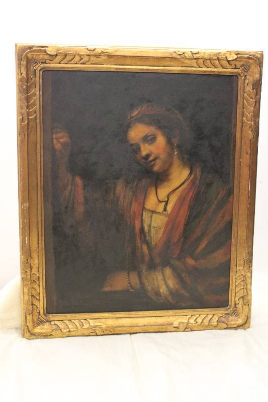 lot 416 image: Framed Vintage Portrait Painting of Woman in Colorful Garb