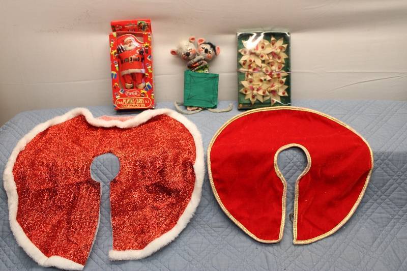 lot 52 image: Assorted Vintage Christmas Decorations Including Santa Cards, Christmas Tree Skirts, and Floral Ornaments