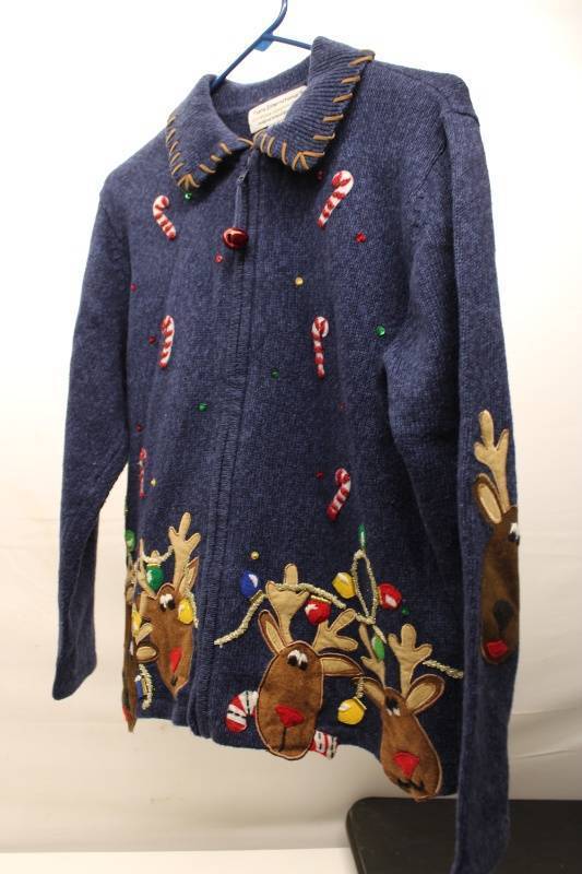 lot 616 image: Festive Christmas Cardigan Sweater with Reindeer and Candy Cane Design
