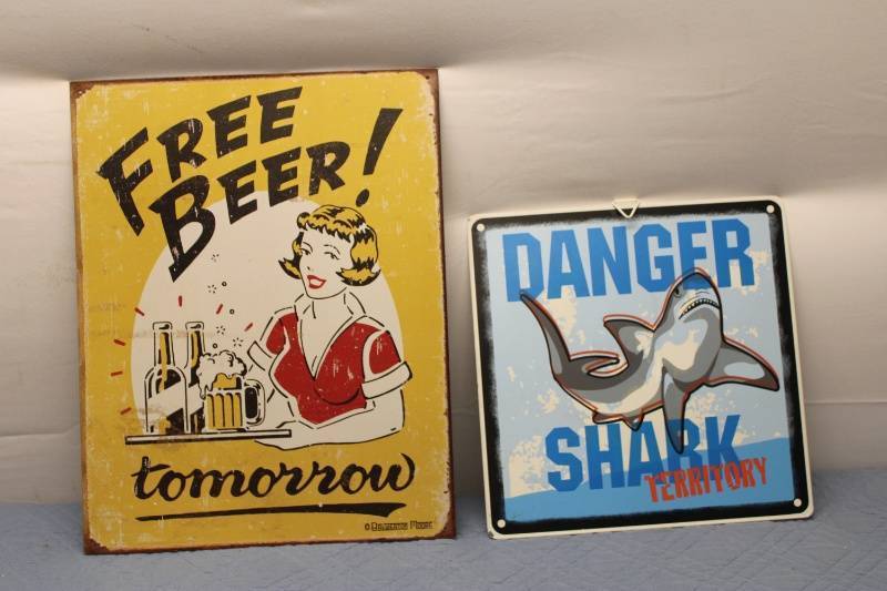 lot 712 image: Set of 2 Vintage Metal Signs - Free Beer Tomorrow & Danger Shark Territory