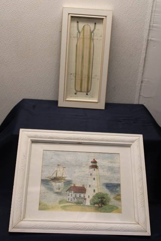 lot 81 image: Collection of 3 Framed Artwork Pieces Lighthouse, Garden, and Norman Rockwell Dog Scene