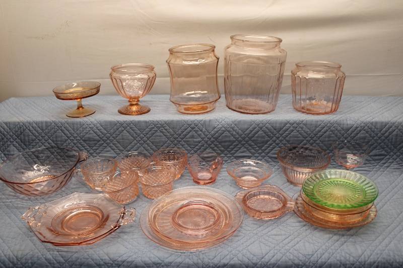 lot 98 image: Collection of Pink Depression Glassware including Bowls, Plates, and Jars