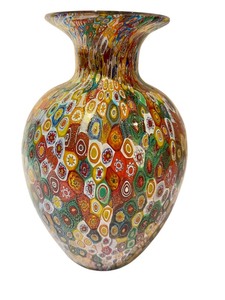 lot 75 image: Murano Glass Golden Quilt Millefiori Urn Vase  Vintage Millefiori Handblown Art Glass Vase