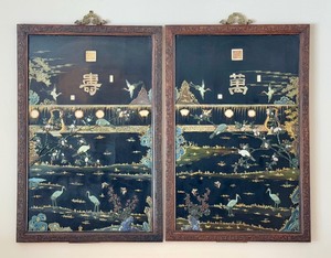 lot 5 image: Pair of Large Chinese Black Lacquer Inlaid Wall Panels