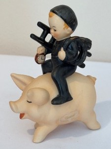 lot 201 image: Vintage Goebel Hummel Porcelain Chimney Sweep Riding a Pig with Ladder #SPO61