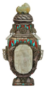 lot 9 image: Antique Silver Chinese Lidded Vessel with Carved Jade Details