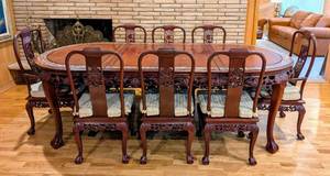 lot 7 image: Gorgeous Carved Rosewood Dining Set Inlaid with a Mother of Pearl Dragon Motif