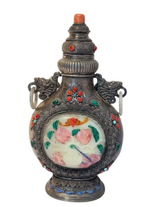 lot 17AA image: Antique Chinese 20th Century Carved Silver Bottle with Carved Hard Stone Detailing
