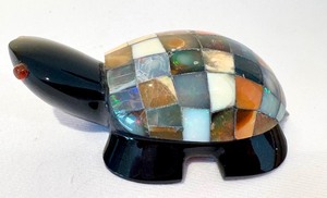 lot 247 image: Hand Carved Polished Black Obsidian Turtle with Inlay