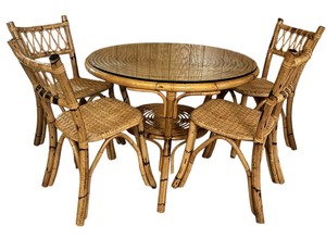 lot 26 image: Beautiful Vintage Bamboo and Rattan Glass Top Table with Four Chairs