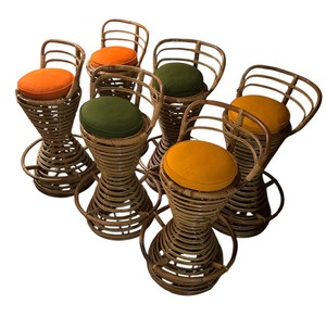 lot 6 image: Six Midcentury Rattan and Bamboo Bar Stools Tito Agnoli Style, Italy 1960s