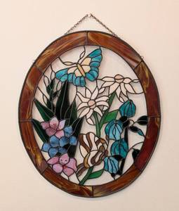 lot 107 image: Butterflies and Flowers Hanging Stained Glass Panel