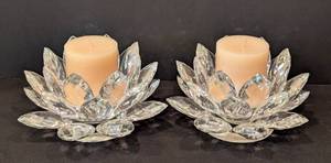 lot 308 image: Pair of Shannon Crystal Lotus Candleholders
