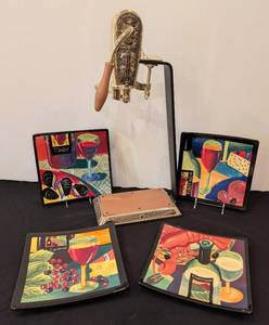 lot 317H image: Brass Tabletop Wine Opener and Mary Naylor Wine Plates