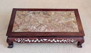 lot 121 image: Marble Topped Carved Wood Stand with Mother of Pearl Inlay