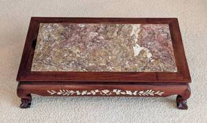 lot 123 image: Marble Topped Carved Wood Stand with Mother of Pearl Inlay