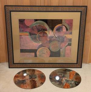 lot 332H image: Large Framed Abstract Print and Acrylic Wall Circles by Lisa Fertig