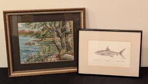 lot 347H image: Framed Fishing Sketch and Needlepoint