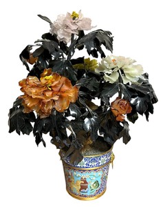 lot 94K image: Vintage Chinese Carved Hard Stone Tree  Plant with Cloisonn Style Planter