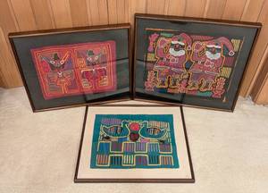 lot 294H image: Three Kuna Mola Framed Textiles