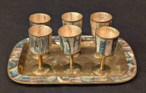 lot 478 image: Vintage Brass and Mother of Pearl Cordial Set