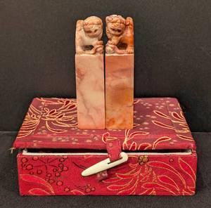 lot 480 image: Pair of Carved Soapstone Foo Dog Stamps