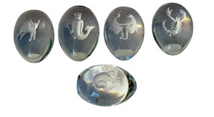 lot 458 image: Five Art Glass Etched Paperweights including an Art Glass Scorpion Zodiac Paperweight