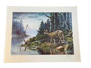 lot 455 image: Les Kouba Wildlife Landscape Down To Drink Unframed Print