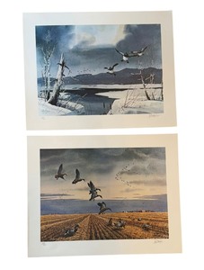 lot 454 image: Les Kouba Bluebird Ducks Unframed Wildlife Landscape Print and Les Kouba Mallards Ala Barley Unframed Wildlife Landscape Print