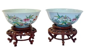 lot 97C image: Pair of Vintage Chinese Porcelain Bowls with Stands