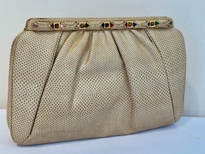 lot 42AA image: Judith Leiber Karung Snakeskin Beige Handbag with Gemstones