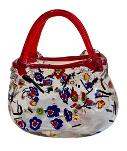 lot 384 image: Murano Style Red  Clear Art Glass Millefiori Purse
