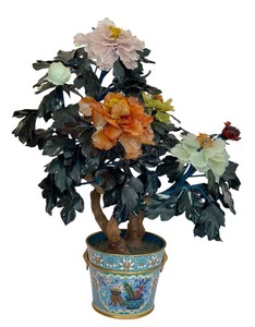 Vintage Chinese Carved Hard Stone Tree / Plant with Cloisonné Style Planter