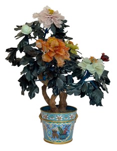 Vintage Chinese Carved Hard Stone Tree / Plant with Cloisonné Style Planter