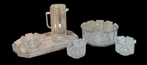 lot 378 image: 1970s Grainware Angular Regal Lucite Bowls By William Bounds, Serving Tray and Lucite Juice Pitcher