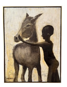 lot 85H image: Large Oil on Board Boy with Donkey Painting by Danneskjld