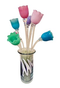 lot 94H image: Colorful Art Glass Tulips and Vase by S. Bloom