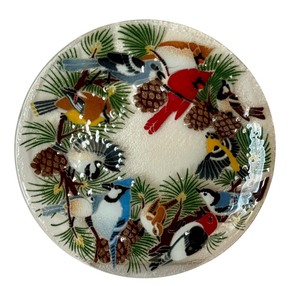 lot 583 image: Peggy Karr Glass Winter Festive Birds 13 Platter Cardinal Blue Jay Pine Boughs