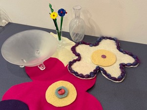 lot 576H image: Colorful Table Runner, Footed Glass Bowl and Hand Blown Art Glass Items