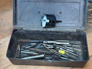 lot 53 image: Parts Storage Box with Assorted Drill Bits, Hole Saw Bits, Tap Bits, Boring Bits