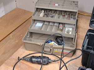 lot 60 image: Craftsman Rotary Tool with Drilax Diamond Bits, Dremel 38 Flapwheel, Rotary Tool Accessories, Plastic Storage Box