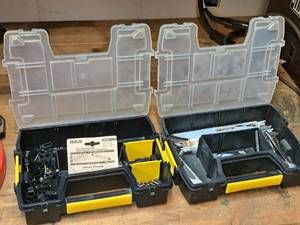 lot 61 image: Lot of (2) Stackable Plastic Parts Organizer Suitcases with Fasteners, Saw Blades